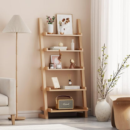 AQIMUELE Wooden Ladder Shelf with Edges, 5-Tier Modern Leaning Bookshelf Ladder – Stylish Space-Saving Bookcase for Living Room, Bedroom & Home Office