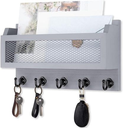 Nekon Mail and Key Holder for Wall Decorative, 11 Inch Wooden Wall Key Organizer with 5 Key Hooks, Wall Mount Storage Shelf for Entryway Hallway (Gray)