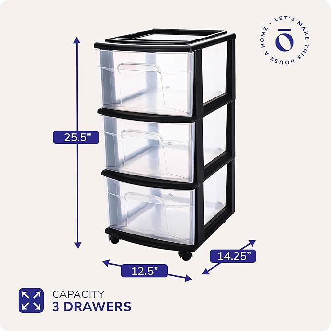HOMZ 3-Drawer Storage Cart, Plastic Home and Office Organizer, Black Frame