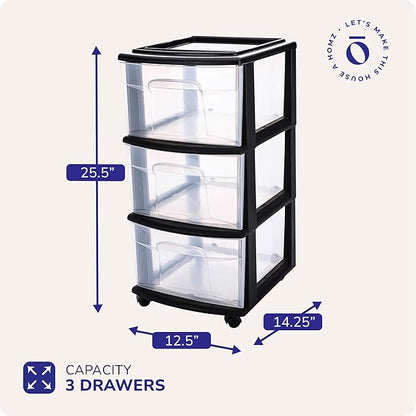 HOMZ 3-Drawer Storage Cart, Plastic Home and Office Organizer, Black Frame