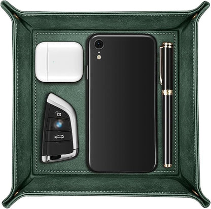 SITHON Valet Tray Desktop Storage Organizer – Premium PU Leather Catchall Bedside Vanity Tray Nightstand Caddy Holder for Keys, Phone, Wallet, Coin, Valentine's Day Gift, Dark Green
