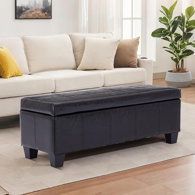 Faux Leather Ottoman with Storage, 41" Storage Bench Foot Rest with Legs, Ottoman Bench Sturdy Wood Frame Supports 660 lbs for Bedroom, Living Room, Entryway, Black