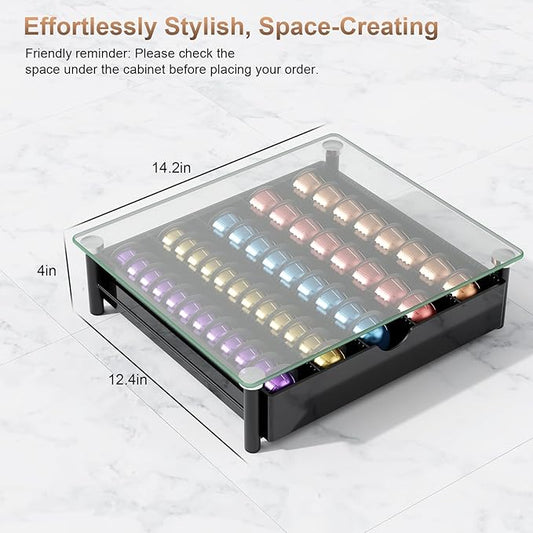 Coffee Pod Drawer Organizer with Tempered Glass Lid (Transparent Glass)