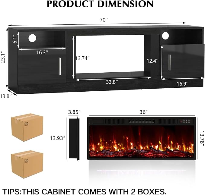 LEMBERI 70" Fireplace TV Stand for TVs up to 80", 36" Electric Fireplace 750W/1500W Entertainment Center with 20-Color LED, 300lbs Max Capacity High Gloss Storage Cabinet Console, Black
