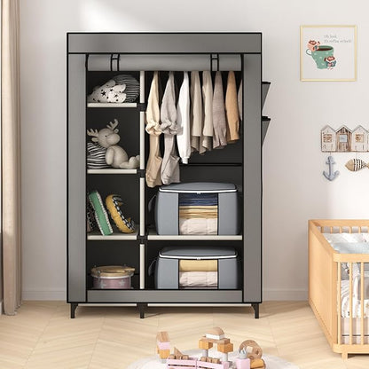Calmootey Portable Closet, Wardrobe with 6 Shelves and Hanging Rod, Storage Organizer for Bedroom, Non-Woven Fabric Cover with 4 Side Pockets, Includes 2 Storage Bags for Clothes, Grey