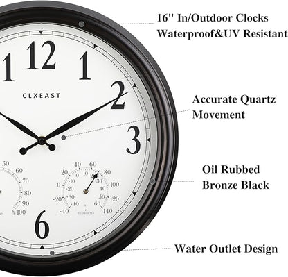 CLXEAST Indoor Outdoor Clocks Waterproof 16 Inch, Large Outdoor Clock with Temperature and Humidity for Patio,Porch,Pool,Oil Rubbed Bronze Black Finish,House Warming Gifts New Home