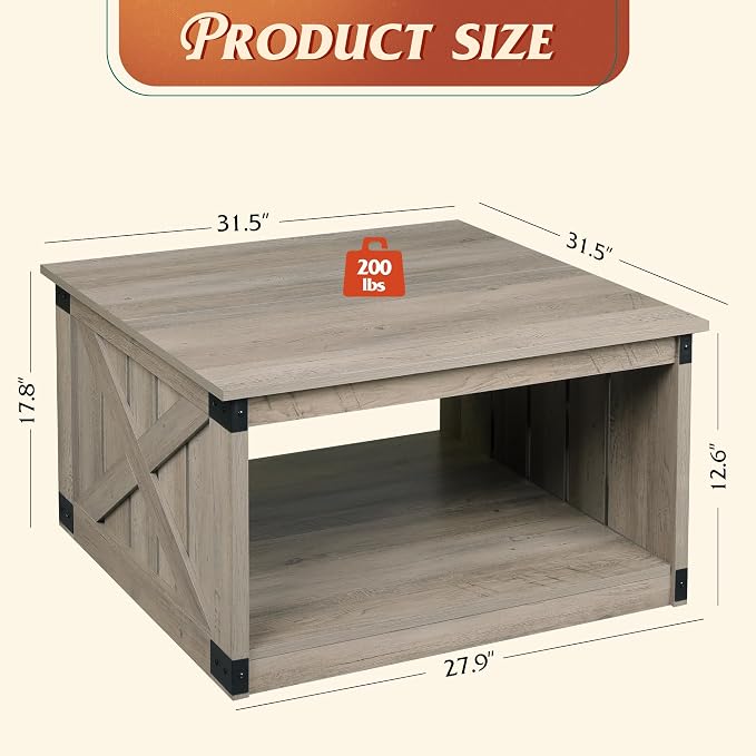 WLIVE Coffee Table, Farmhouse Coffee Table with Open Storage, 31.5" Wood Square Living Room Tables, Rustic Dining Cocktail Center Table for Living Room, Greige