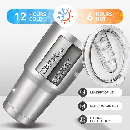 30 oz Tumbler with Lid Stainless Steel Tumblers Bulk Vacuum Insulated Cup Reusable Powder Coated Travel Mug Double Wall Leak Proof Cups Keep Cold Drinks for 12 Hours Stainless, Set of 4