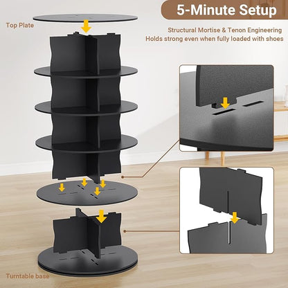 7-Tier Rotating Standing Shelf Unit with Dividers, 360° Storage Display Tower Vertical Floor Organizer, for Bedroom, Closet, Entryway & Office, Ideal for Shoes, Cosmetics & Handbags, Black