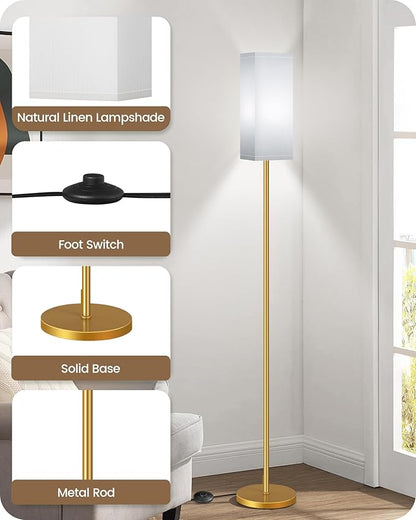 Floor Lamp, Pole with Foot Switch, Modern Standing Lamp Lampshade, Minimalist Freestanding Lamp (Bulb Not Included), for Living Room, Bedroom Office ETL Listed Gold and White DCW07LD05