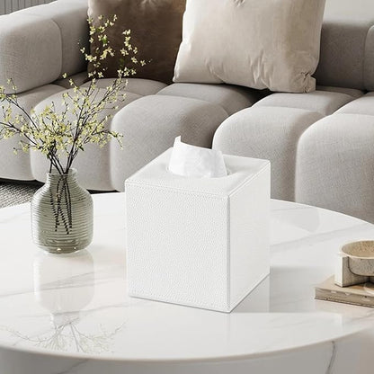 JLAMBOM PU Leather Tissue Box Cover Square Tissue Box Holder with Magnetic Closure, Decorative Tissue Holder for Bathroom Bedroom Office (White)