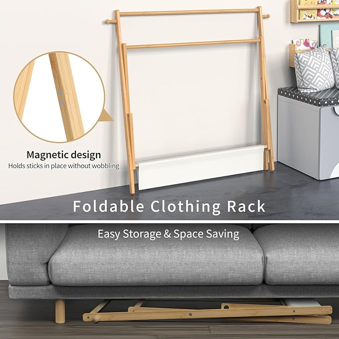 Kids Clothing Rack With Storage Shelf & Double Rods, Foldable Dress Up Clothes Rack for Toddler Nursery, Child's Room, 100% Natural Bamboo (Large Size)
