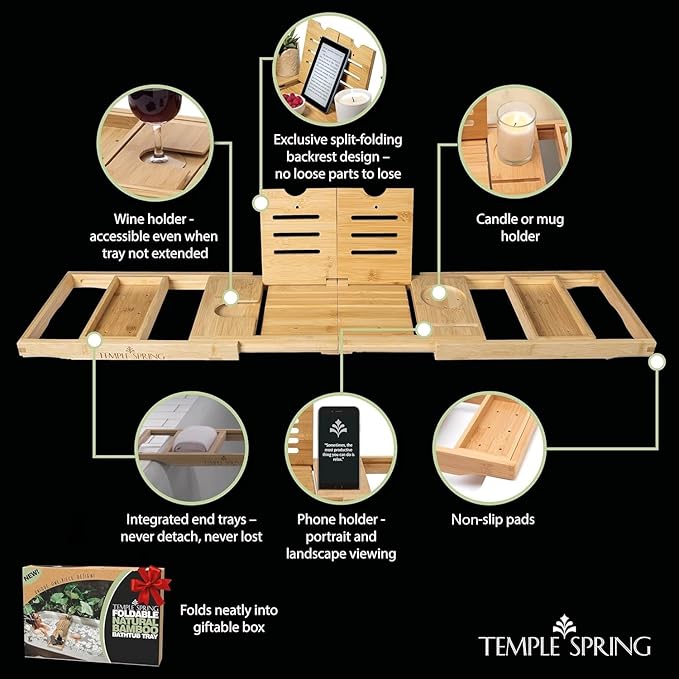 Temple Spring Foldable Bamboo Bathtub Tray Caddy for Tub — Expandable One-Piece Wood Bath Table with Wine Holder Book Stand and Non-Slip Pads — Space-Saving Bath Caddy — Housewarming