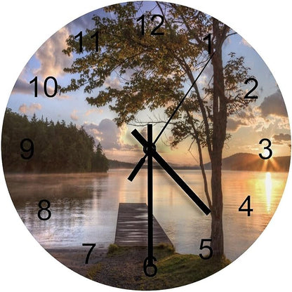 Scenic Nature Wood Wall Clock, Natural Lake Landscape Tree Woodland Beautiful Scenery 12 Inch Silent Non-Ticking Battery Operated Round Clock for Bedroom Living Room Office Kitchen Decor