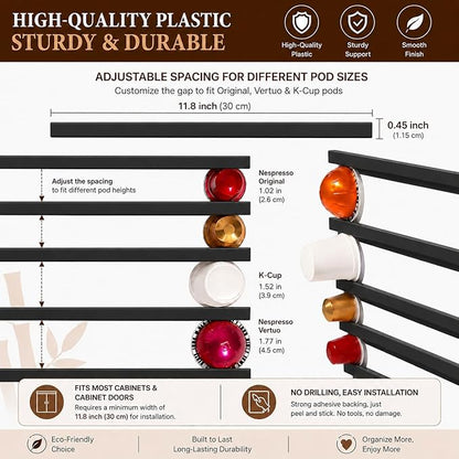 Adhesive Coffee Pod Holder, 10 PCS Under Cabinets/Wall Mounte Vertically or Horizontally,Coffee Pod Storage for Coffee Shop Desktop Office and Kitchen,Black