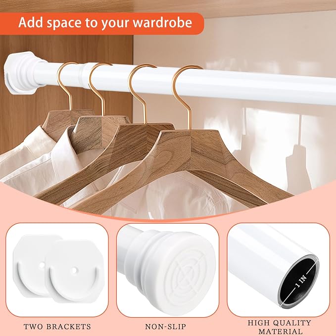 Closet Rod for Hanging Clothes, with No Drilling Holder 30 to 88 Inch Adjustable White Closet Rods, Space Saving Tension Spring Pole Heavy Duty Bar for Wardrobes, Shoe Cabinets