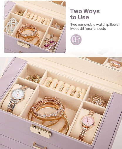 Homde Christmas Gifts Synthetic Leather Huge Jewelry Box Mirrored Watch Organizer Necklace Ring Earring Storage Lockable Gift Case (Grey Purple + Gold)