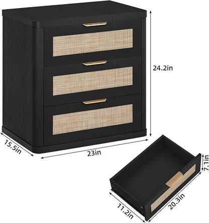 LEYAOYAO Rattan Night Stand Set of 2 with Drawers, 23" Large 3 Drawer Boho Nightstand, Natural Wood Bedside Table Storage Cabinet, Bed Side End Tables Dresser for Bedroom, Living Room, Hallway, Closet