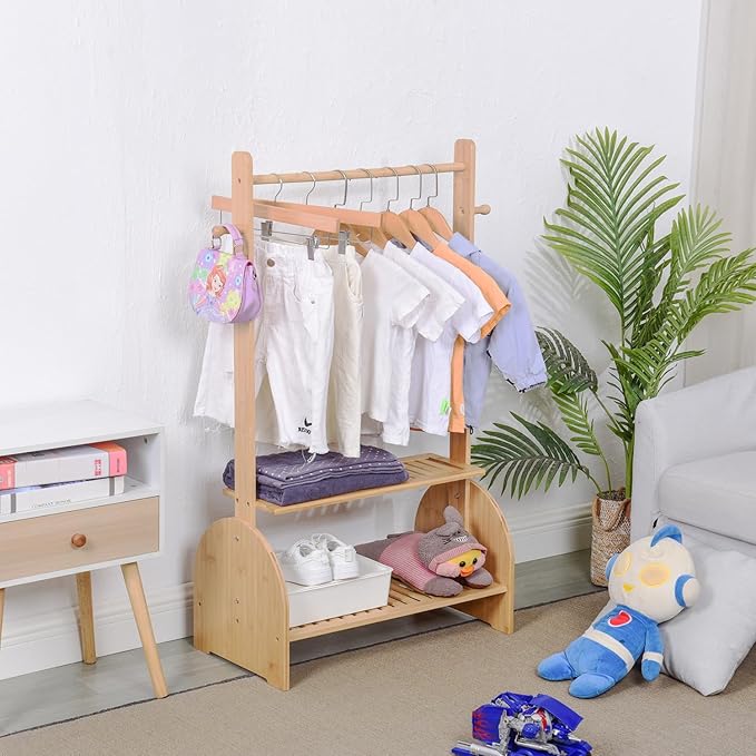 Kids Clothing Rack with Adjustable Rods, Children Clothes Garment Rack for Kids Baby Pet, Kids Dress Up Rack with 2 Bottom Shelves, Kids Wardrobe Closet for Toddlers Nursery (Natural)