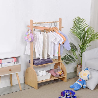 Kids Clothing Rack with Adjustable Rods, Children Clothes Garment Rack for Kids Baby Pet, Kids Dress Up Rack with 2 Bottom Shelves, Kids Wardrobe Closet for Toddlers Nursery (Natural)