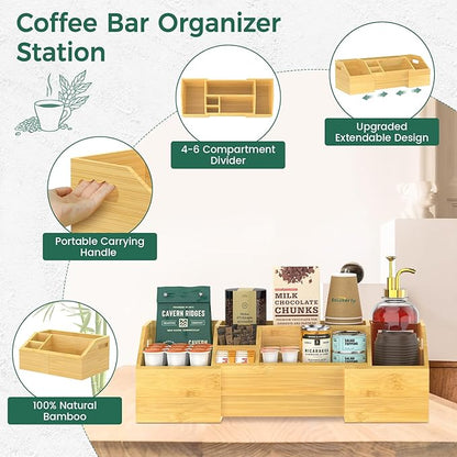 EsLuker.ly Coffee Station Organizer Countertop, Bamboo Extendable Coffee Bar Caddy Condiment Storage, Pods Holder for Home Office, Kitchen Area Nook for Accessories Organizer