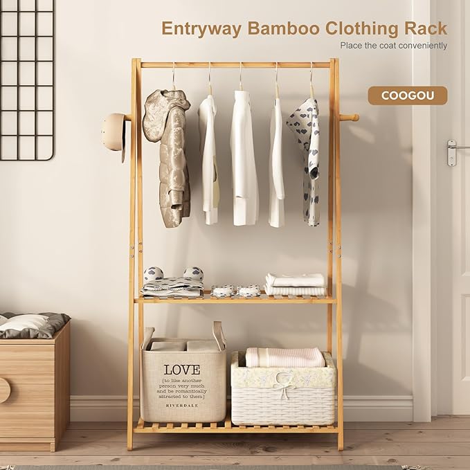 Kids Clothing Rack for Hanging Clothes,Small Toddler Clothes Racks Bamboo Wooden Garment Dress Up Storage Costume Rack with Shelves for Laundry Drying,Short,Mini,Floor Standing