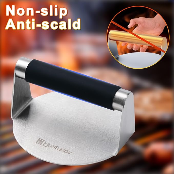 Husfunov Stainless Steel Burger Press, 5.5 Inch Round Smasher,with Anti-Scald Handle,Non-Stick Smooth Hamburger Press,Flat Bottom, for Cooking Burgers, Bacon, Ground Beef, Meats, Sausage and So On