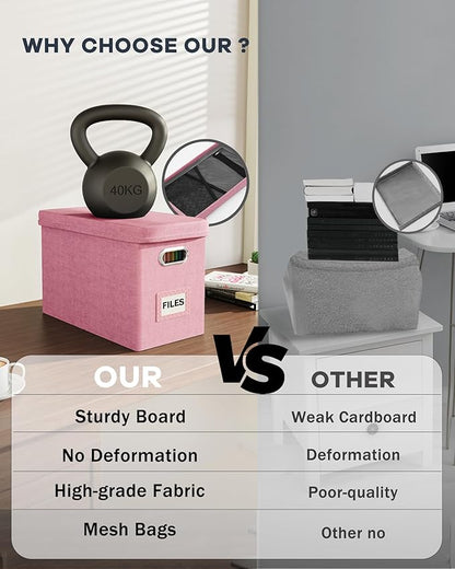 Oterri File Organizer Box with Lid, Hanging Filing File Box with Mesh Pocket, Document Organizer Box for Letter Files, Portable Storage Box with Smooth Sliding Rail for Office&Home (1 PCS, Pink)