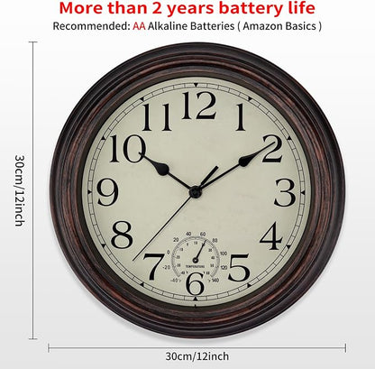Foxtop Indoor Outdoor Waterproof Wall Clock with Thermometer, 12 Inch Retro Silent Non-Ticking Battery Operated Quartz Round Outdoor Clocks for Patio Pool Bathroom Porch (Bronze)