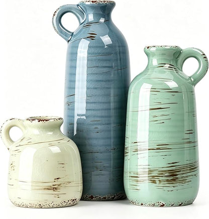 Ceramic Vase Set of 3, Vase with Handle, Modern Farmhouse Vases for Pampas Grass & Dried Flowers, Flower Vase for Table Living Room Home Decor-Multicolor