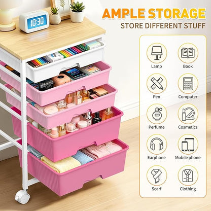 SUNALLY Rolling Storage Utility Cart With 5 Drawers, 5 Tier Rolling Cart with Wooden Tabletop and 2 Lockable Wheels, Storage Drawer Cart for Craft Art Supply Storage & Home Office Organization, Pink