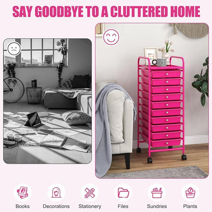 MEDIMALL 10 Drawers Rolling Storage Cart, Multipurpose Craft Storage Cart with Wheels, Mobile Tools Scrapbook Paper Organizer Cart for Office School Home Use