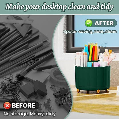 Desktop Organizer 360 Rotating, with 6 Slots Pen & Pencil Holder, Desk Caddy for Markers, pen, pencil, Space Saving Office Organization, Small Desk Essentials, Work Home, Green