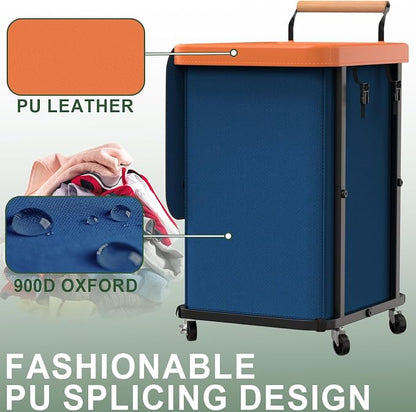 150L (40 Gal) Extra Large Fashion Laundry Basket with Wheels, Rolling Basket Hamper with Handle, Organizer Storage Cart with Sturdy Metal Frame for Laundry Room - Dark Blue