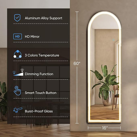 OLIXIS 16"x 60" Arched LED Full Length Mirror with Lights, Standing Lighted Floor Full Body Mirror with 3 Color Lighting, Wall Mounted Mirrors for Bedroom, Home, Entryway with Tempered Glass