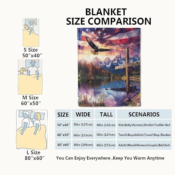 Spirit of Freedom Majestic Eagle Blanket,American Flag Cross Patriotic Throw Blankets,Gifts for Adults,Lightweight Soft Fleece,for Sofa Couch Bed Room Travel,Birthday Christian Decor,60x80in