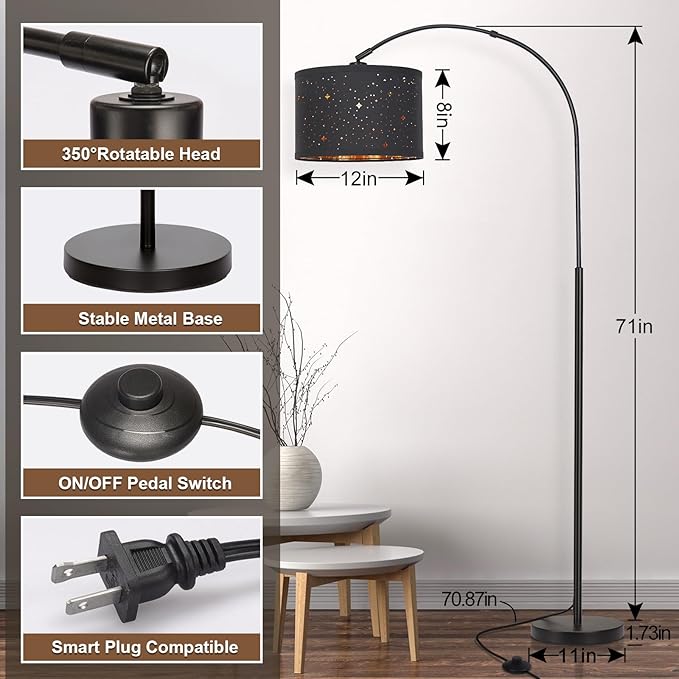 Seaside Village Modern Arc Floor Lamp, Tall Pole Lamp with Black Stars Lampshade, Arched Reading Light with 350Adjustable Lamp Head, Over Couch Hanging Light for Living Room, Bedroom, Office (Black)