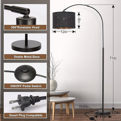 Seaside Village Modern Arc Floor Lamp, Tall Pole Lamp with Black Stars Lampshade, Arched Reading Light with 350Adjustable Lamp Head, Over Couch Hanging Light for Living Room, Bedroom, Office (Black)
