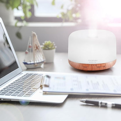 ASAKUKI Oil Diffuser with Essential Oils Set, 500ml Aromatherapy Humidifier with 14 LED Colors & Auto Shut-Off - 6 Oil Gift Pack(Lavender Eucalyptus Tea Tree Orange Peppermint Lemongrass)