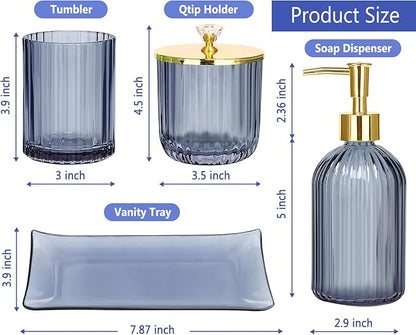 Haturi Bathroom Accessories Set, 4 Pcs Blue Glass Bathroom Accessories Sets Complete w/Lotion Soap Dispenser, Toothbrush Holder, Apothecary Jar, Vanity Tray, Bathroom Decor, Gift for Home Apartment