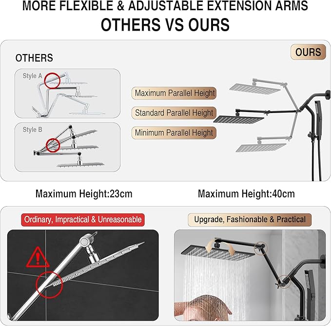 All Metal 10 Inch Rain Shower Head with Handheld Built-in Power Wash Mode, High Pressure Waterfall Rainfall Square Shower Heads with 16" Adjustable Extension Arm, Dual Showerhead, Matte Black