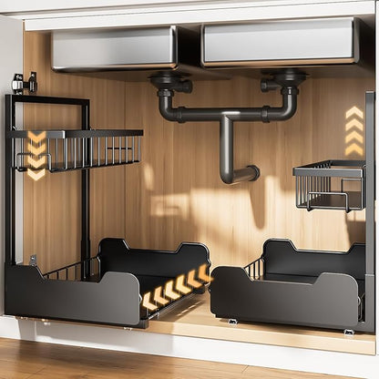 Under Sink Organizer, 2-Tier L-Shaped Pull Out Cabinet Shelf with 2 Installation Methods, Adjustable Sliding Storage Drawer for Kitchen, Bathroom, Laundry, Metal, Black