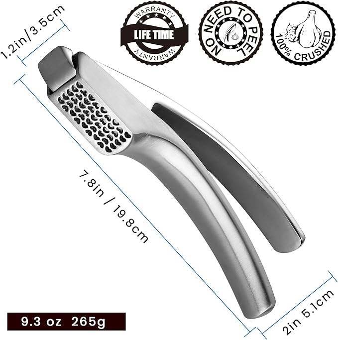 Lifetime Replacement Garlic Press Stainless Steel No Need to Peel, Detachable Handle for Coarse Mincing - Premium Garlic Mincer Tool, Rust-Proof, Easy to Clean, Dishwasher Safe Garlic Crusher