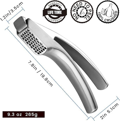 Lifetime Replacement Garlic Press Stainless Steel No Need to Peel, Detachable Handle for Coarse Mincing - Premium Garlic Mincer Tool, Rust-Proof, Easy to Clean, Dishwasher Safe Garlic Crusher