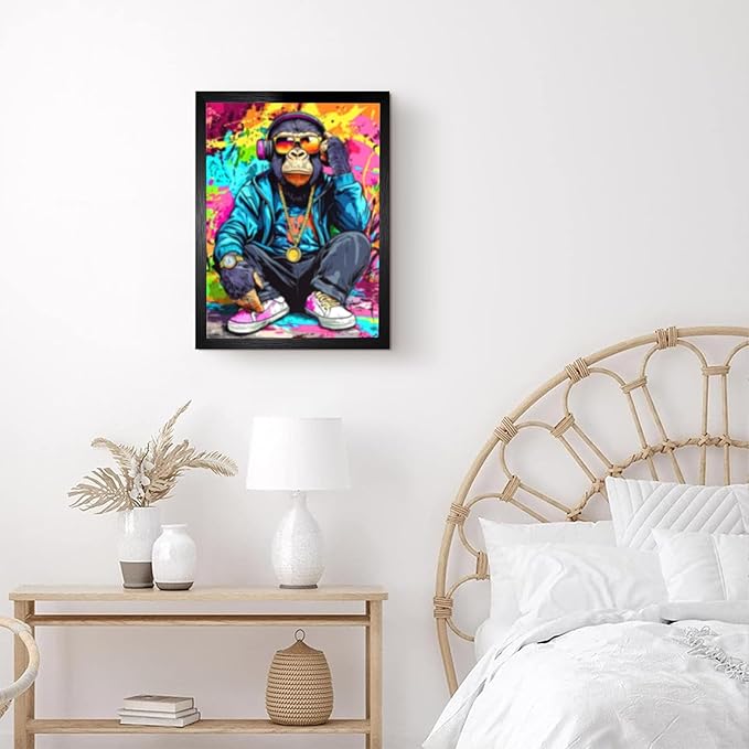 Cool Cute Animal Wall Decor,A Cool Chimpanzees Squatting In Front Of A Graffiti Wall For Bathroom Wall Decor For Bathroom Washroom Restroom Decor Rustic Humor Wall Poster (Black Framed) 12x18 Inch