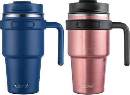 20 oz Insulated Coffee Mug Tumbler with Handle, Stainless Steel Travel Mug Tumbler with Lid and Straw,Double Wall Vacuum Leak Proof Ice Coffee Thermal Cup, Navy/Rose Gold