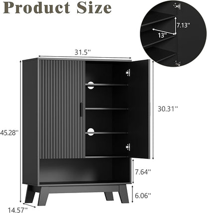 Shoe Cabinet Storage for Entryway with Doors, 5 Tier Fluted Shoe Organizer with Adjustable Shelves, Entryway Shoe Storage with Wooden Legs, Freestanding Hidden Shoe Rack for Front Door Entrance, Black