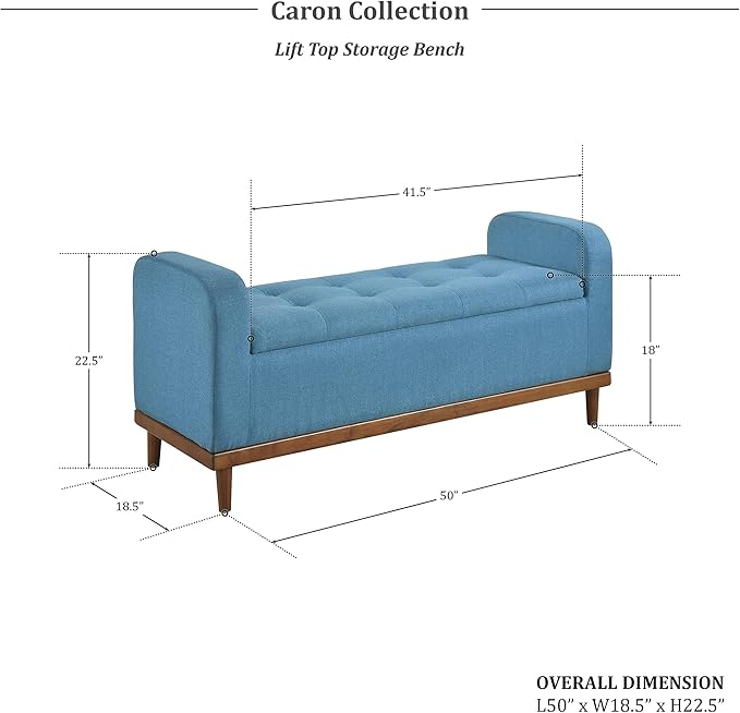 Lexicon Armed Fabric Storage Bench, Button-Tufted Storage Ottoman Bench, Lift-top Bench with Solid Wood Frame and Legs for Hallway, Bedroom End of Bed, Entryway, Living Room, Blue