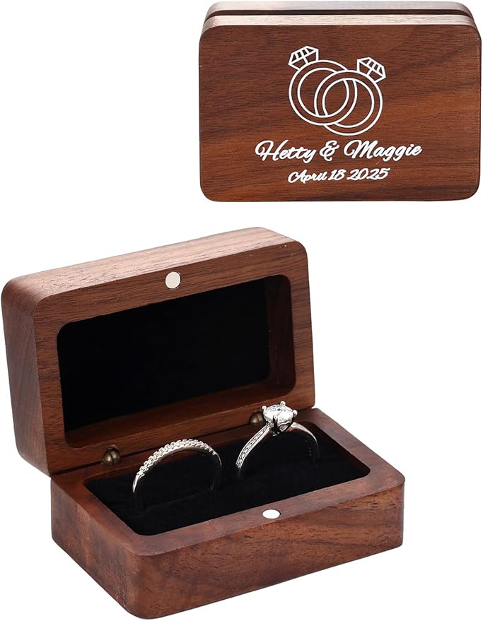 Custom4U Personalized Double Ring Box for Wedding Day Wooden Ring Holder with Name Custom Ring Bearer for Bride Groom Gifts