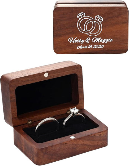 Custom4U Personalized Double Ring Box for Wedding Day Wooden Ring Holder with Name Custom Ring Bearer for Bride Groom Gifts